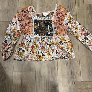 Maeve by Anthropologie Floral Patchwork Long Sleeve Blouse Medkium